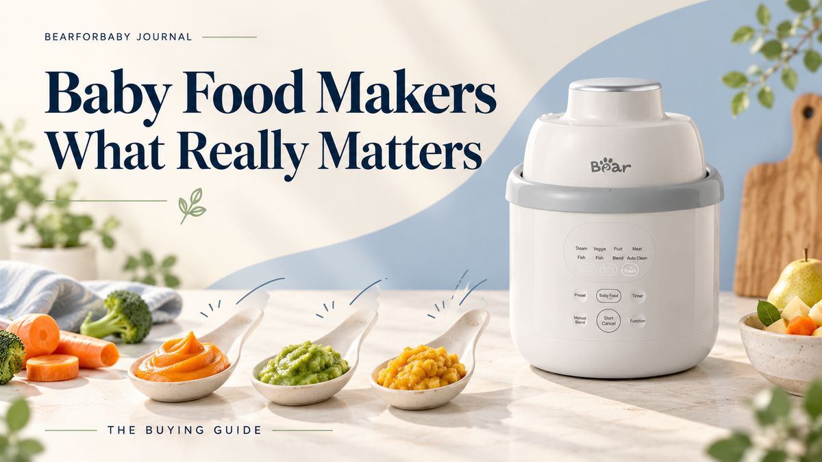 BEAR NutriEase beside three spoonfuls of different food textures, with the headline Baby Food Makers: What Really Matters.