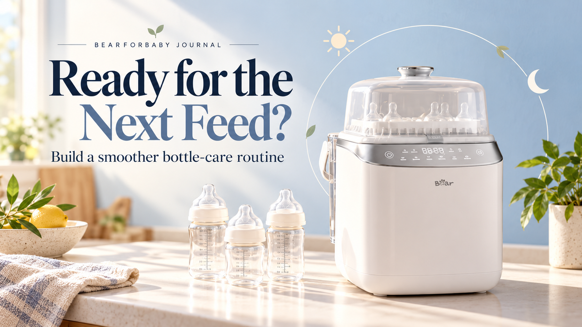 BEAR bottle washer and three baby bottles beneath a day-and-night arc, with the headline Ready for the Next Feed?