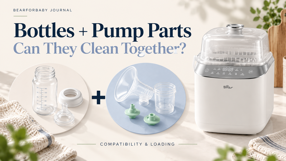 Disassembled baby bottle and breast pump parts beside a BEAR washer, asking whether bottles and pump parts can clean together.