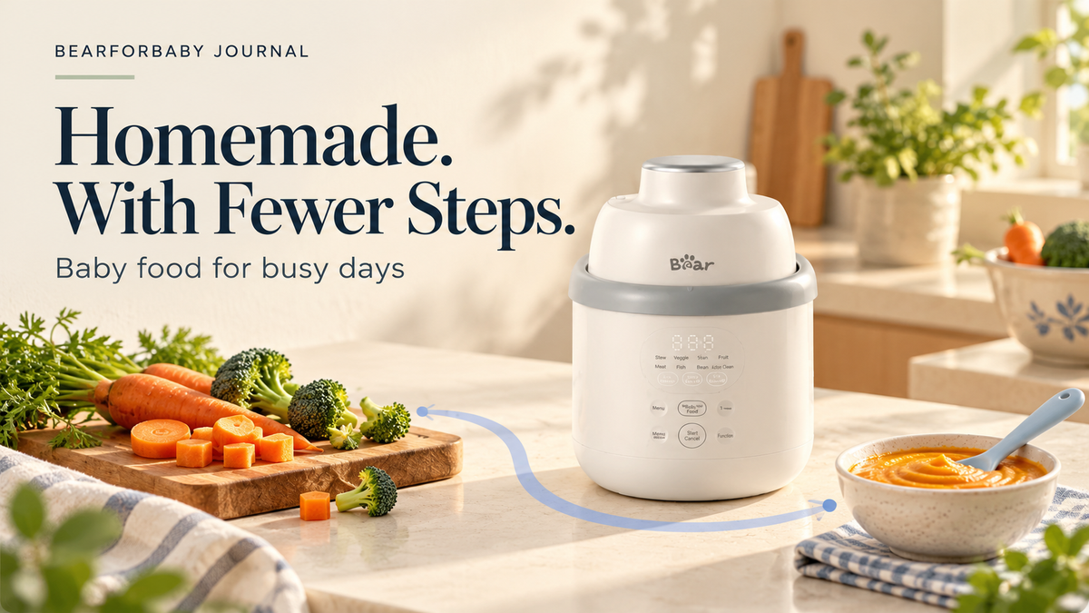Ingredients, BEAR NutriEase and a bowl of puree connected by a simple path, with the headline Homemade. With Fewer Steps.