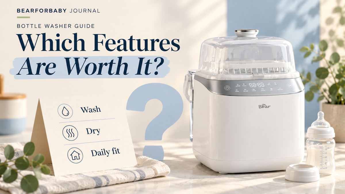 BEAR bottle washer beside wash, dry and daily-fit cards, with the headline Which Features Are Worth It?