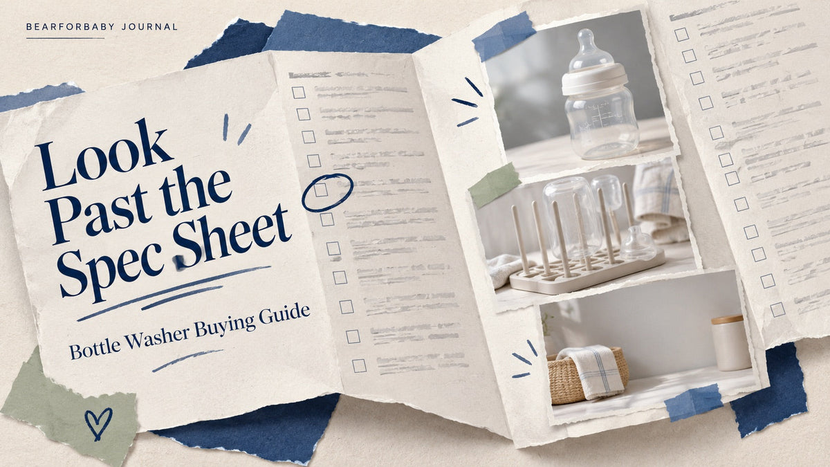 An overhead collage of a folded spec sheet, baby bottle and drying rack, highlighting practical bottle washer buying criteria.