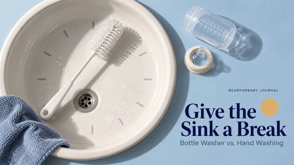 A baby bottle brush casting a clock-like shadow beside a bottle, illustrating the hands-on work of washing bottles.