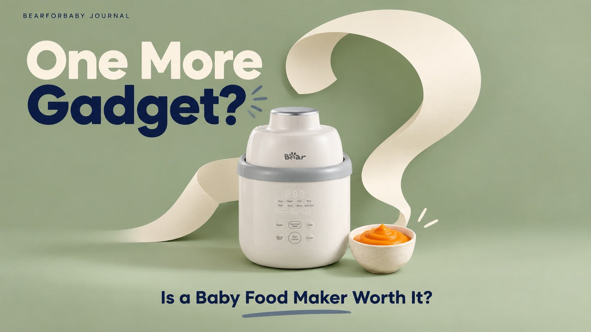 BEAR NutriEase framed by a large question-mark ribbon with a puree bowl, asking whether a baby food maker fits daily life.