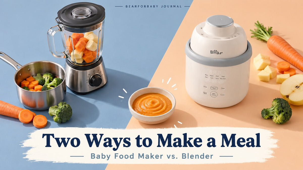 A diagonal diptych contrasts a blender and cooking pot with BEAR NutriEase, with a puree bowl connecting both methods.