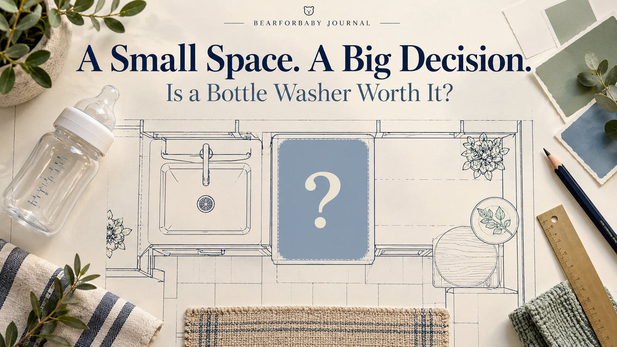A counter-planning drawing with a question-mark appliance placeholder, ruler and baby bottle, considering bottle washer space and value.