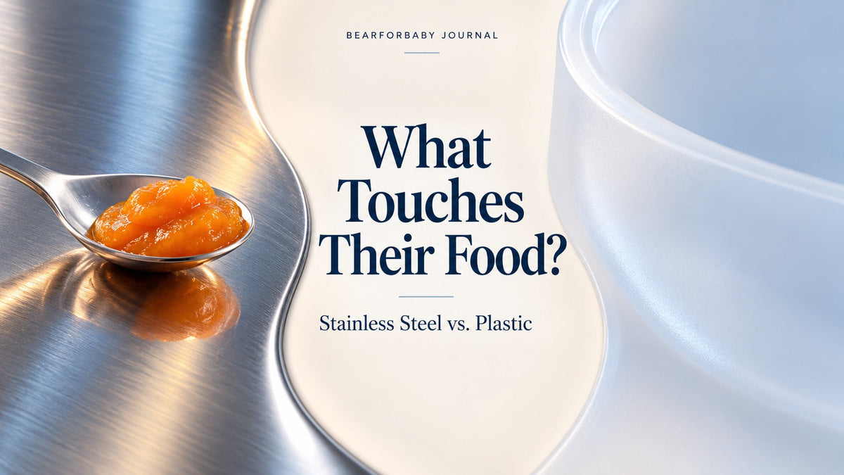 A macro study of stainless steel and frosted plastic with a spoonful of puree, comparing baby food maker materials.