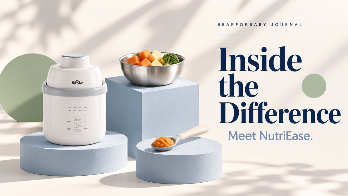 A sculptural display of a steel bowl, textured baby food and BEAR NutriEase, introducing materials and preparation features.