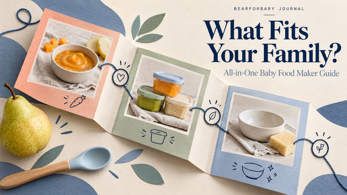 An accordion recipe booklet shows fresh portions, batch containers and cleanup, illustrating family-focused baby food maker choices.
