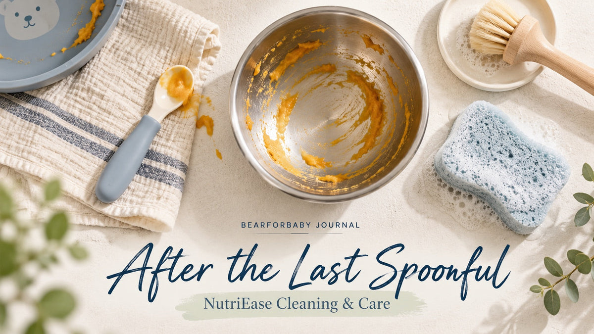 A steel bowl, soft sponge, brush and baby spoon after a meal, introducing NutriEase cleaning and care.