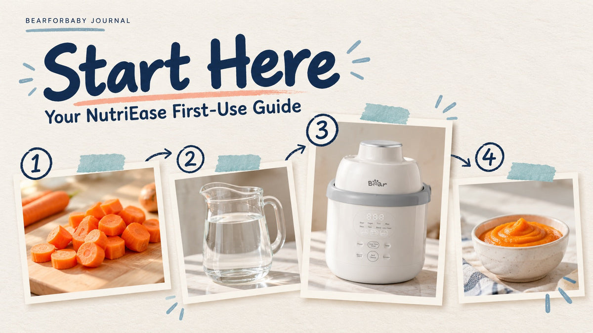 Four photo cards show ingredients, water, BEAR NutriEase and puree, introducing a first-use baby food maker guide.