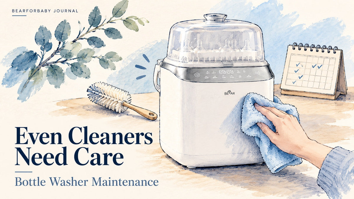 An ink-and-watercolor illustration of wiping a bottle washer, with a brush and calendar symbol for routine maintenance.