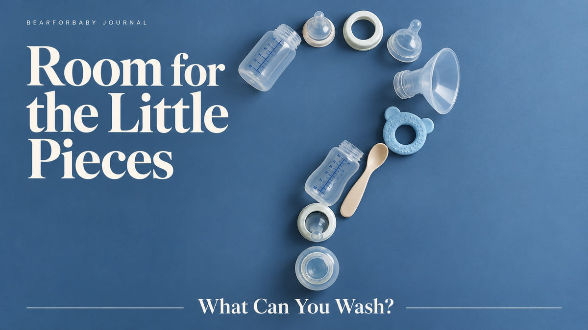 Separated bottles, nipples, a teether, spoon and pump flange arranged overhead for a bottle washer compatibility guide.