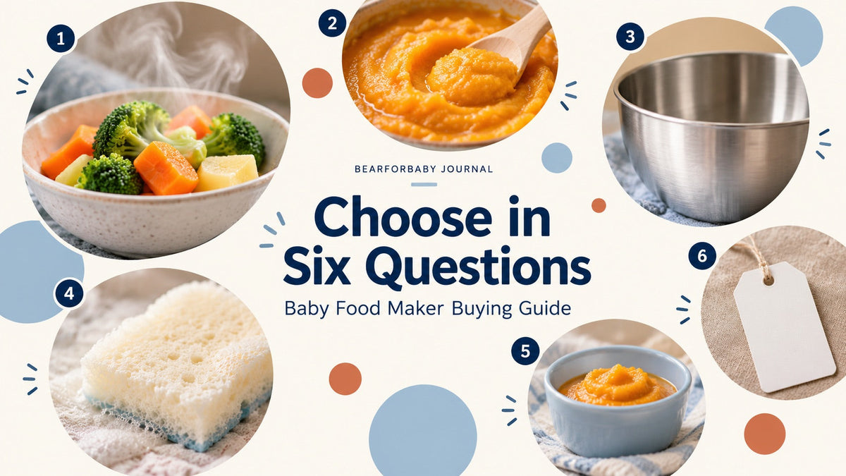 Six photo circles represent workflow, texture, materials, cleanup, portions and value in a baby food maker buying guide.