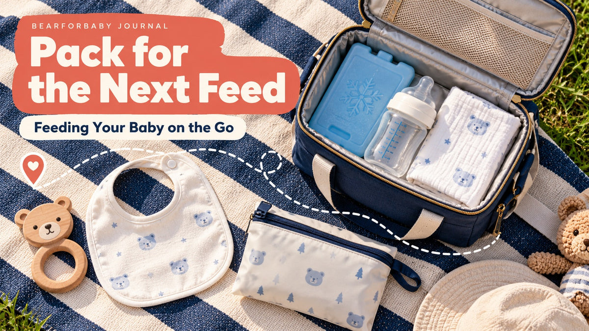 An overhead picnic feeding kit with a cooler bag, ice pack, baby bottle and cloth, illustrating preparation for outings.
