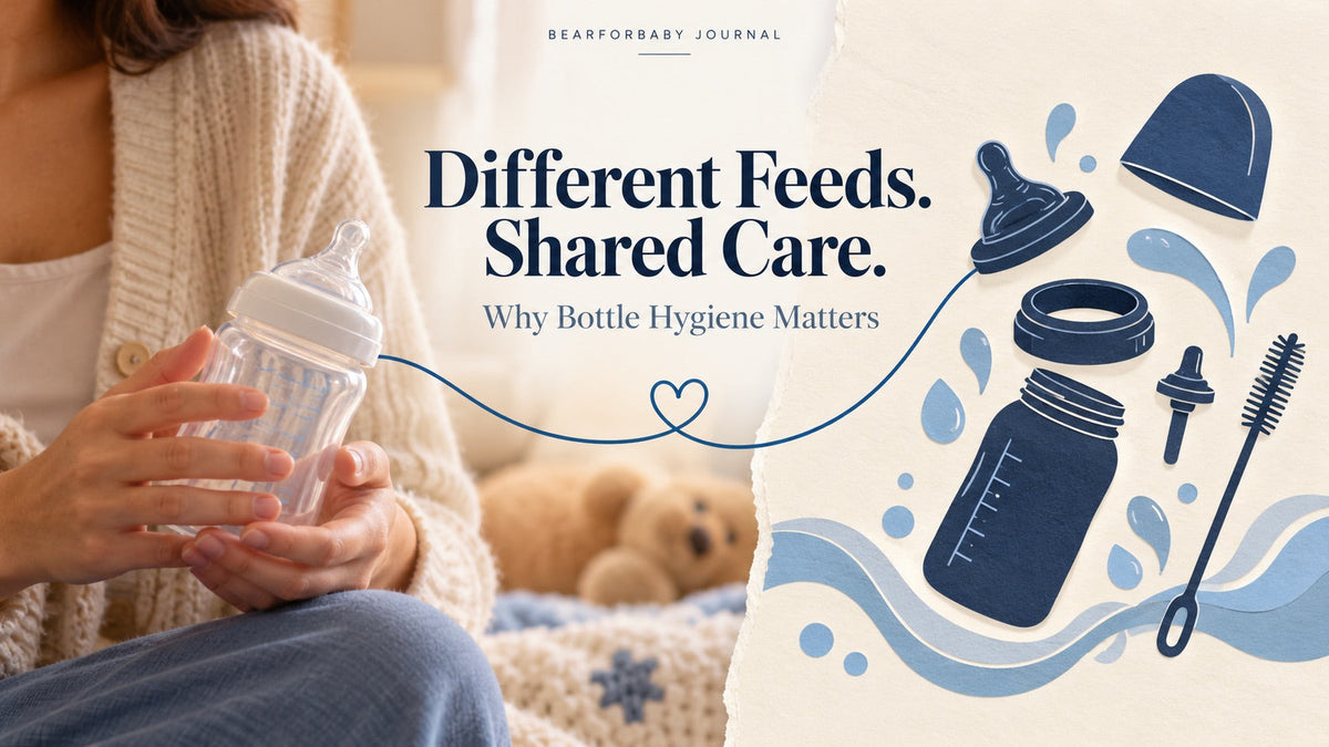 A caregiver holding a bottle beside an illustrated arrangement of bottle parts, highlighting shared hygiene across feeding choices.