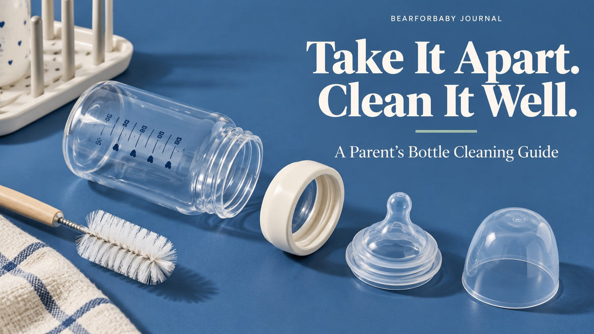 A baby bottle separated into body, collar, nipple and cap beside a brush, illustrating thorough bottle cleaning.