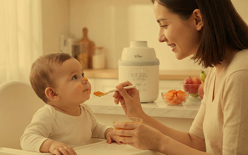 Gemini said Mother feeding baby puree next to the Bear Baby Food Maker on a bright kitchen counter.