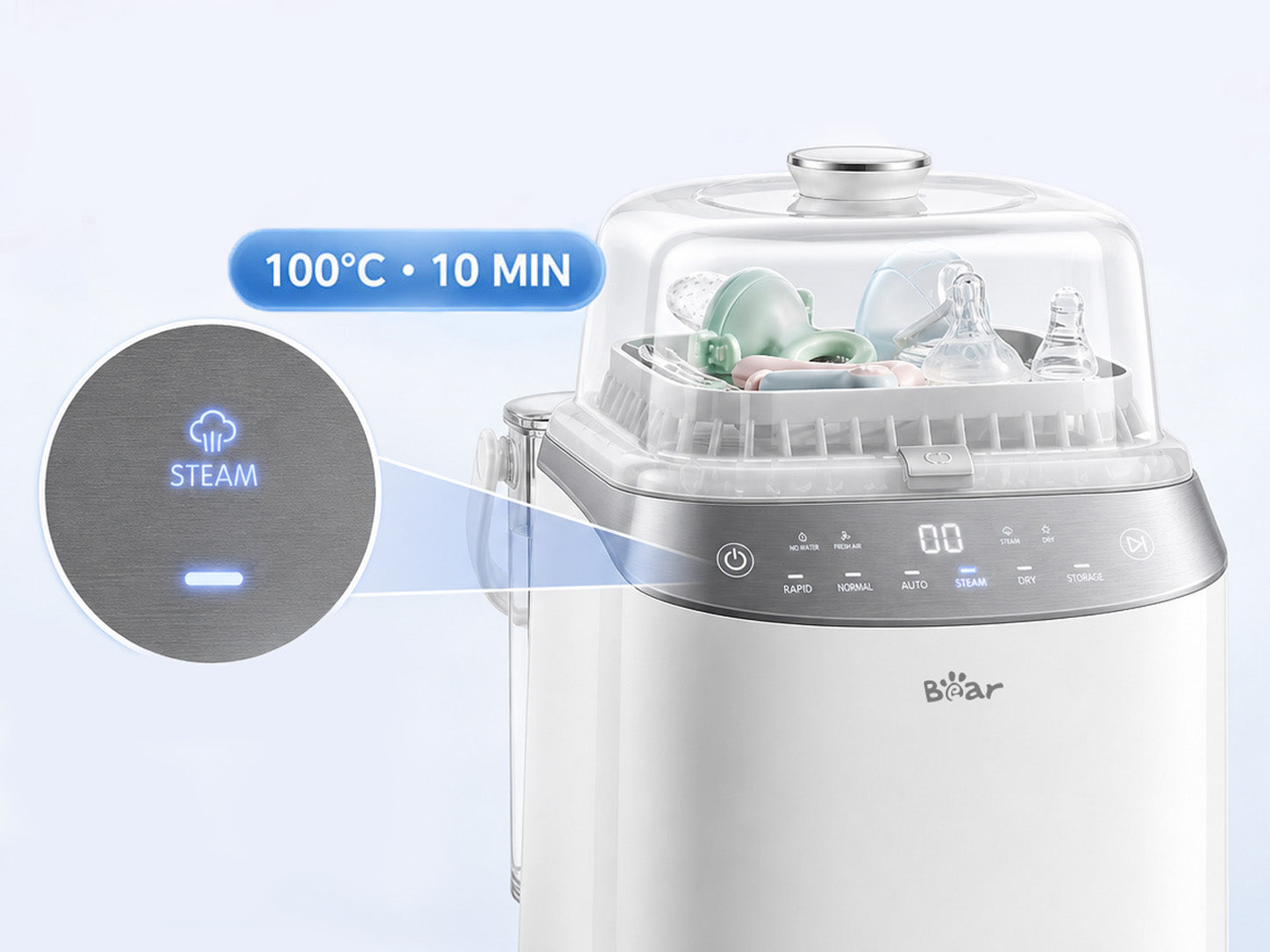 Bear Bottle Washer Pro using 100°C steam sterilization mode for baby bottles and accessories.