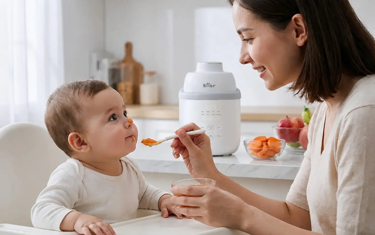 Mother feeding her baby beside the Bearforbaby NutriEase Stainless Steel All Stage Baby Food Maker.