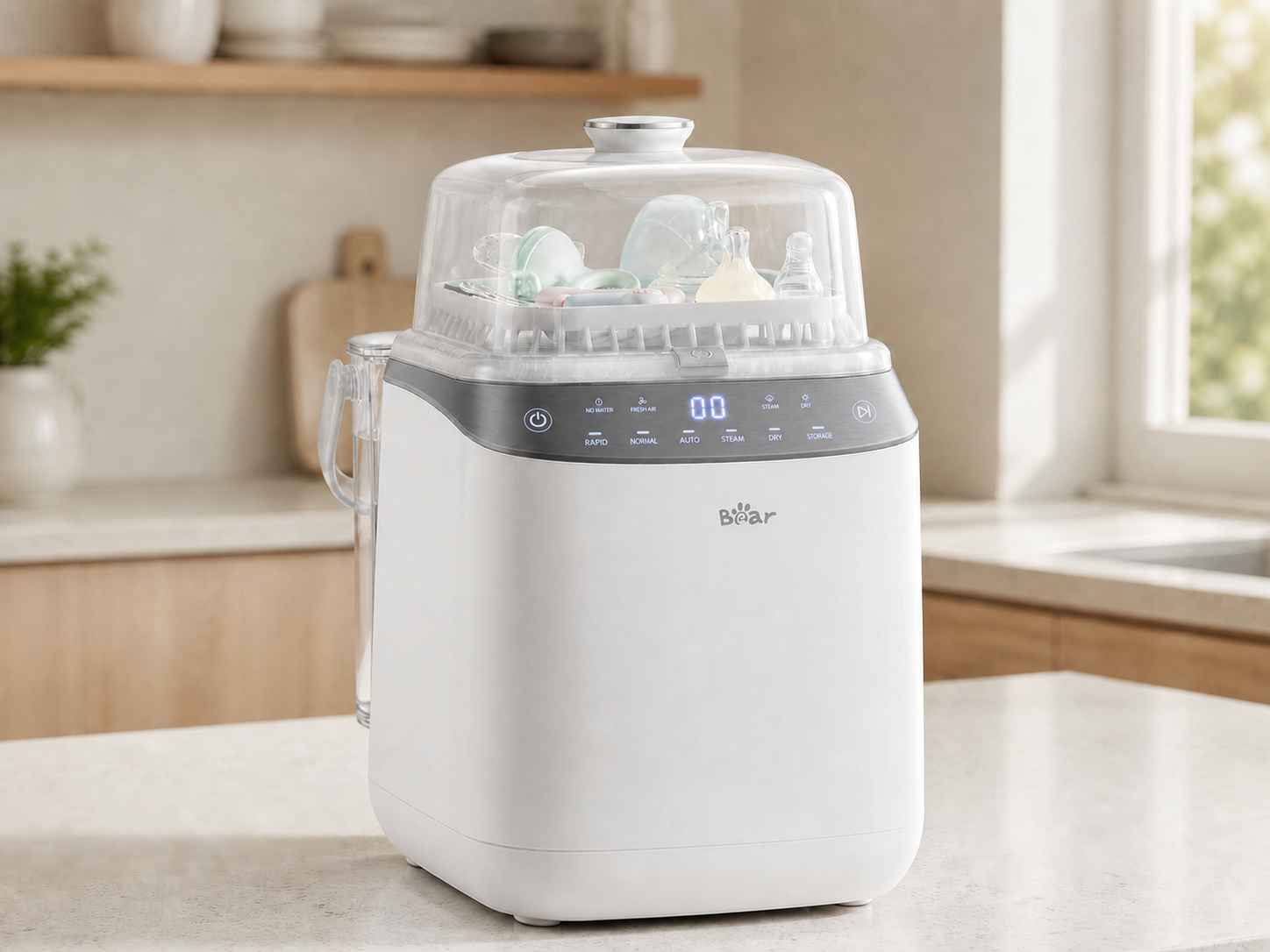 Bearforbaby Bear Bottle Washer Pro with baby bottles and accessories in a sunlit kitchen.