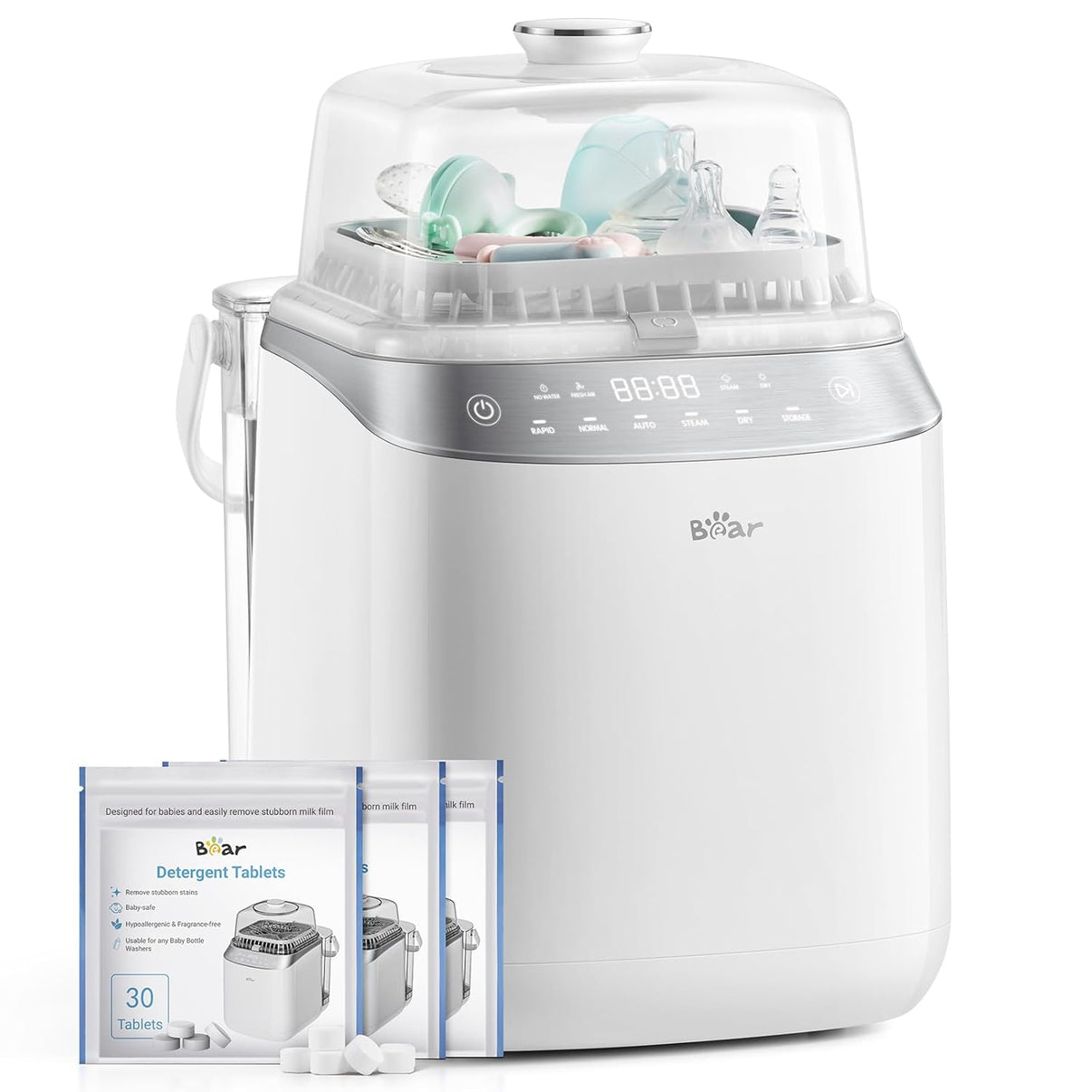 Bear Bottle Washer Pro shown with detergent tablets for automatic cleaning and sterilization of baby accessories.