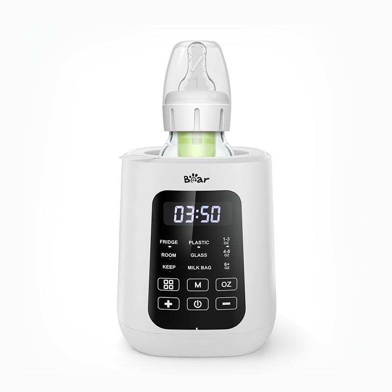Bear Baby Bottle Warmer with a smart digital touch screen warming a glass bottle for precise temperature control.