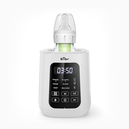 Bear Baby Bottle Warmer with a smart digital touch screen warming a glass bottle for precise temperature control.
