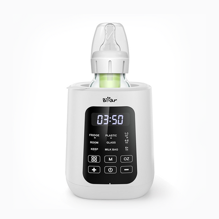 Bear Baby Bottle Warmer with a smart digital touch screen warming a glass bottle for precise temperature control.