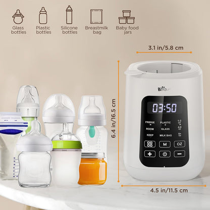 Bear Baby Bottle Warmer infographic showing dimensions and compatibility with various bottles and baby food jars.