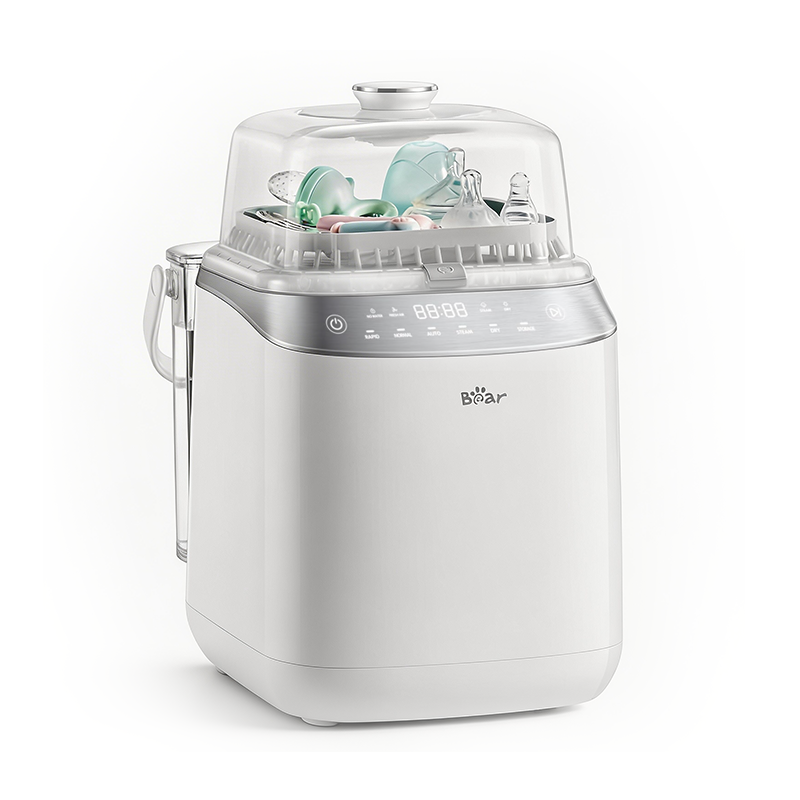 Bear Bottle Washer Pro for washing, sterilizing, and drying baby bottles with a clear lid and digital touch screen.