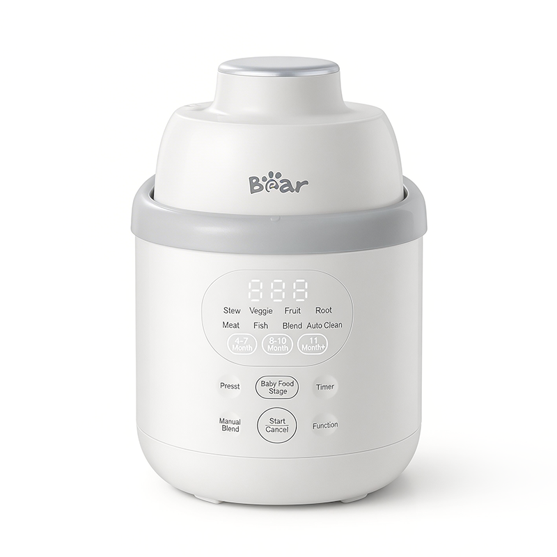 Bear NutriEase Stainless Steel All Stage Baby Food Maker with a smart digital menu and age-specific presets.