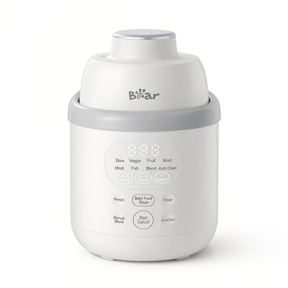 Bear NutriEase Stainless Steel All Stage Baby Food Maker with a smart digital menu and age-specific presets.