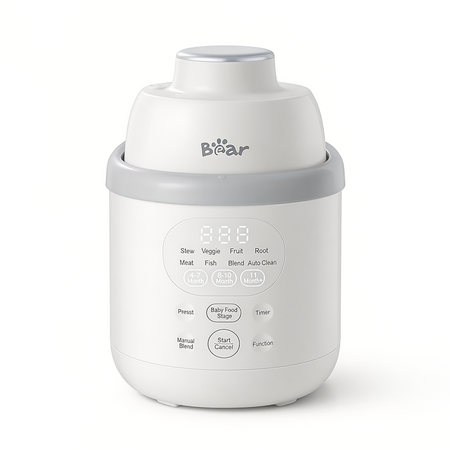 Bear NutriEase Stainless Steel All Stage Baby Food Maker with a smart digital menu and age-specific presets.