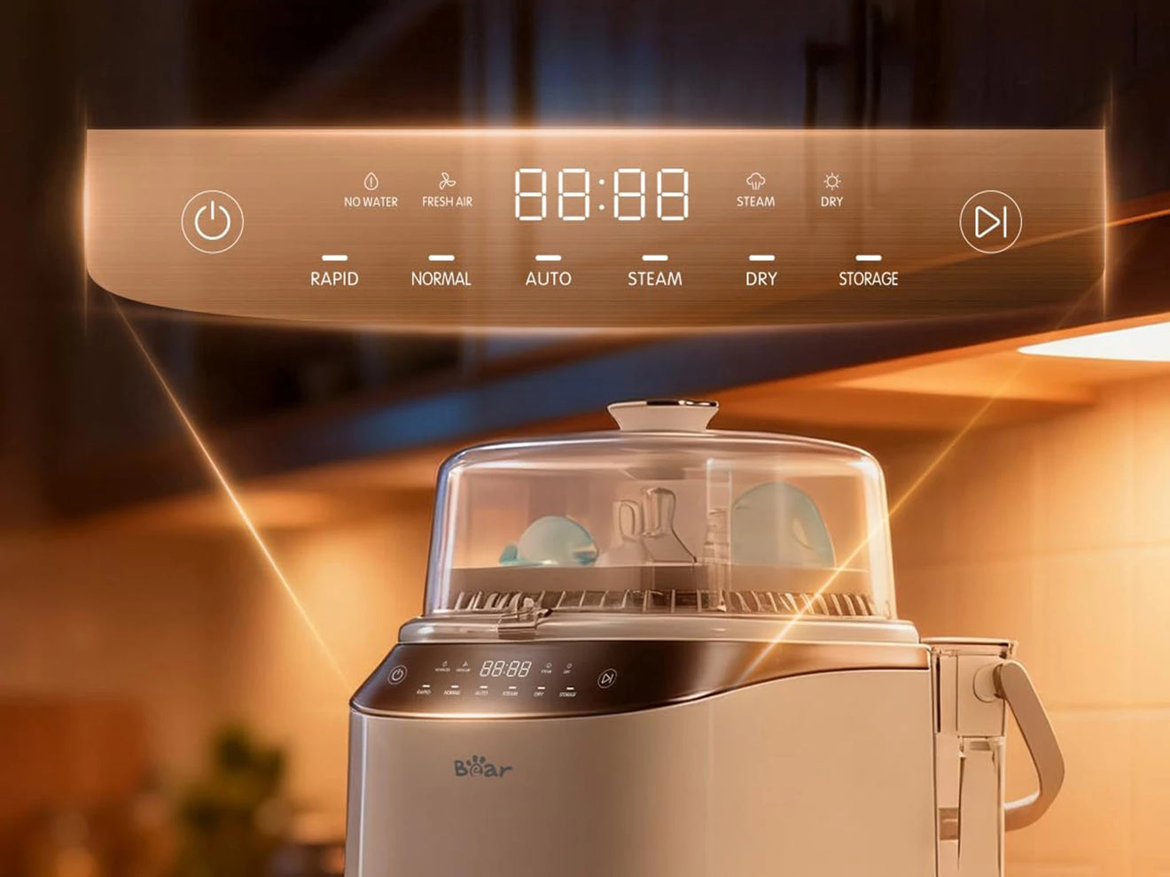 Bear Bottle Washer Pro touch control panel and machine display showing multiple wash and dry modes.