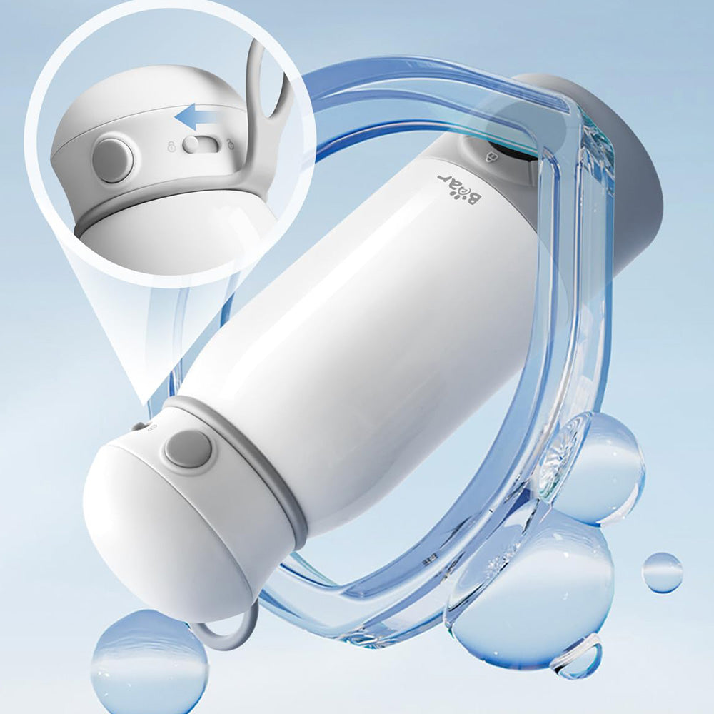 Bear Portable Bottle Warmer for Travel with child safety lock detail and a decorative blue water splash effect.