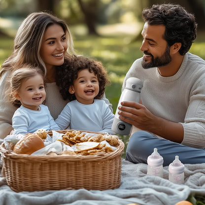 Happy family at a picnic while father holds the Bear Portable Bottle Warmer for Travel on a white blanket.