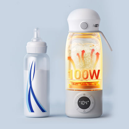 Bear Portable Bottle Warmer for Travel next to baby bottle showing 100W fast heating element to 104 degrees.