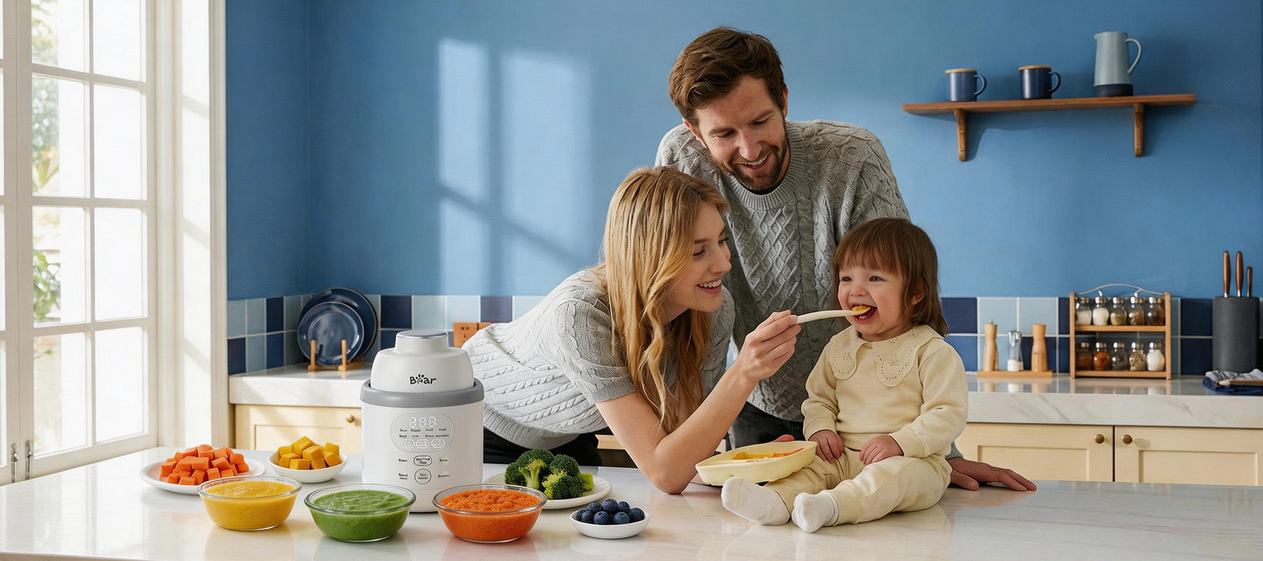 Family feeding baby fresh purees using Bear NutriEase Stainless Steel All Stage Baby Food Maker in a bright blue kitchen.