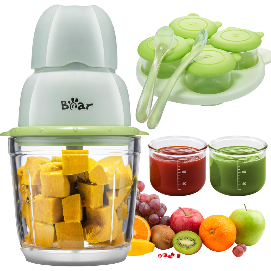 Bear Baby Food Processor set including 4 storage containers, silicone spoons, and fresh fruit icons.