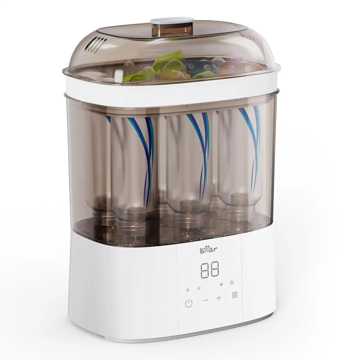 Bear 2 Layers Bottle Sterilizer and Dryer with a transparent lid holding baby bottles and pacifiers for sanitizing.
