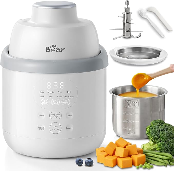 Bear NutriEase Stainless Steel Baby Food Maker shown with 3D blades, spatula, and fresh produce for meal prep.
