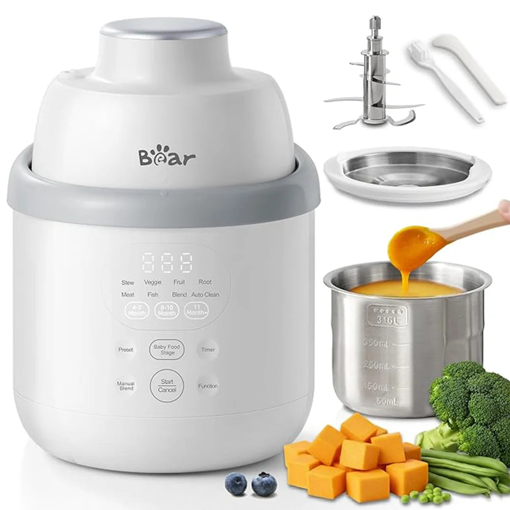 Bear NutriEase Stainless Steel Baby Food Maker shown with 3D blades, spatula, and fresh produce for meal prep.