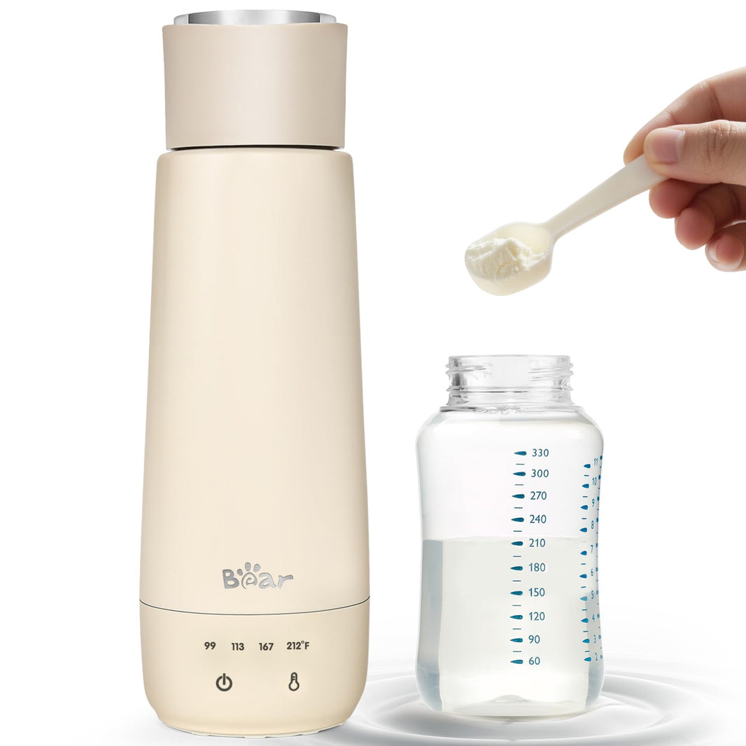 Compact Bear Instant Formula Water Warmer highlighting its 10oz capacity and space-saving travel-friendly design.