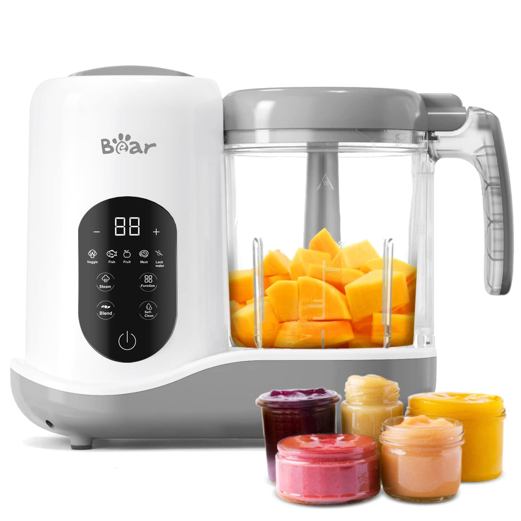 Bear 2024 Smart One-Step Baby Food Maker with diced pumpkin and jars of fresh colorful purees.