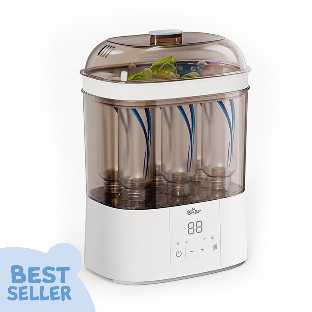 Bear 2 Layers Bottle Sterilizer and Dryer with a transparent cover holding six baby bottles for efficient steam cleaning.