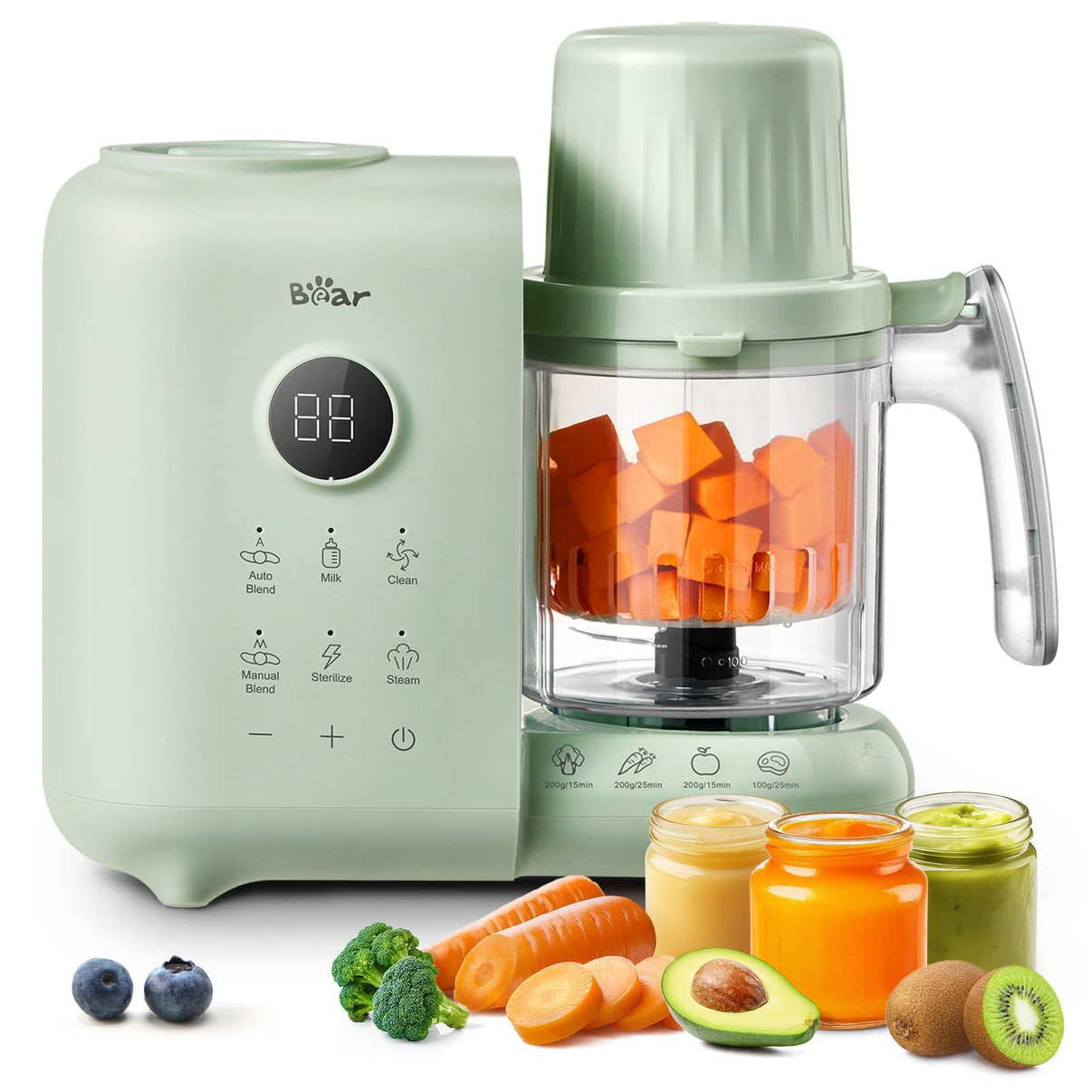 Bear 4-in-1 Baby Food Maker with fresh vegetable purees and raw ingredients like carrots, avocado, and broccoli.