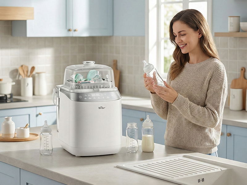 Mother lifting her toddler playfully near a Bear Baby Bottle Washer box in a bright and sunny living room.