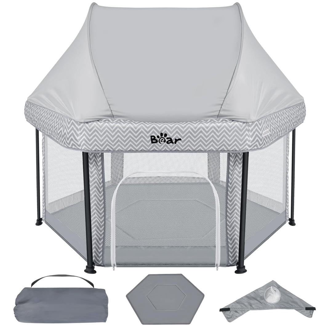 Bear Foldable Baby Playpen with UPF50+ Canopy
