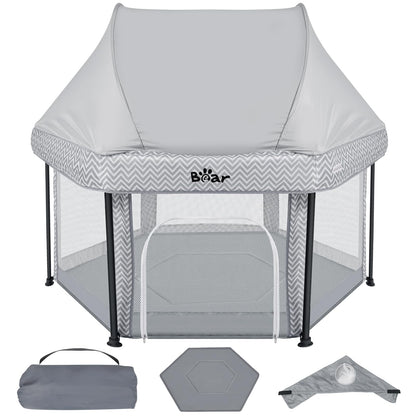 Bear Foldable Baby Playpen with UPF50+ Canopy